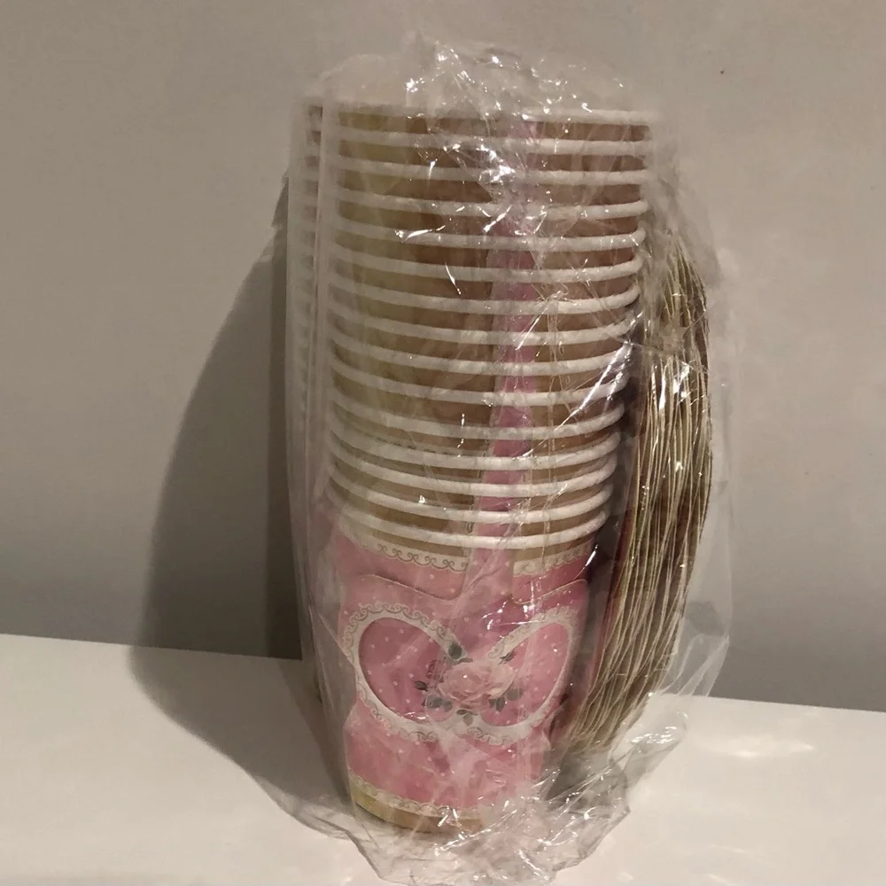 Elegant 60 PCS Pink Floral Party paper Plates and cups with handle.